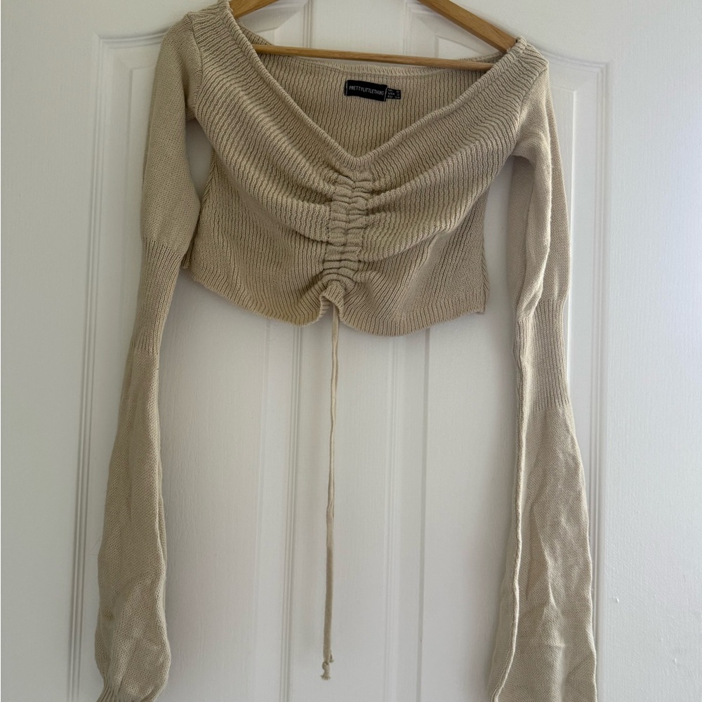 PrettyLittleThing Beige Ruched Knit Blouse